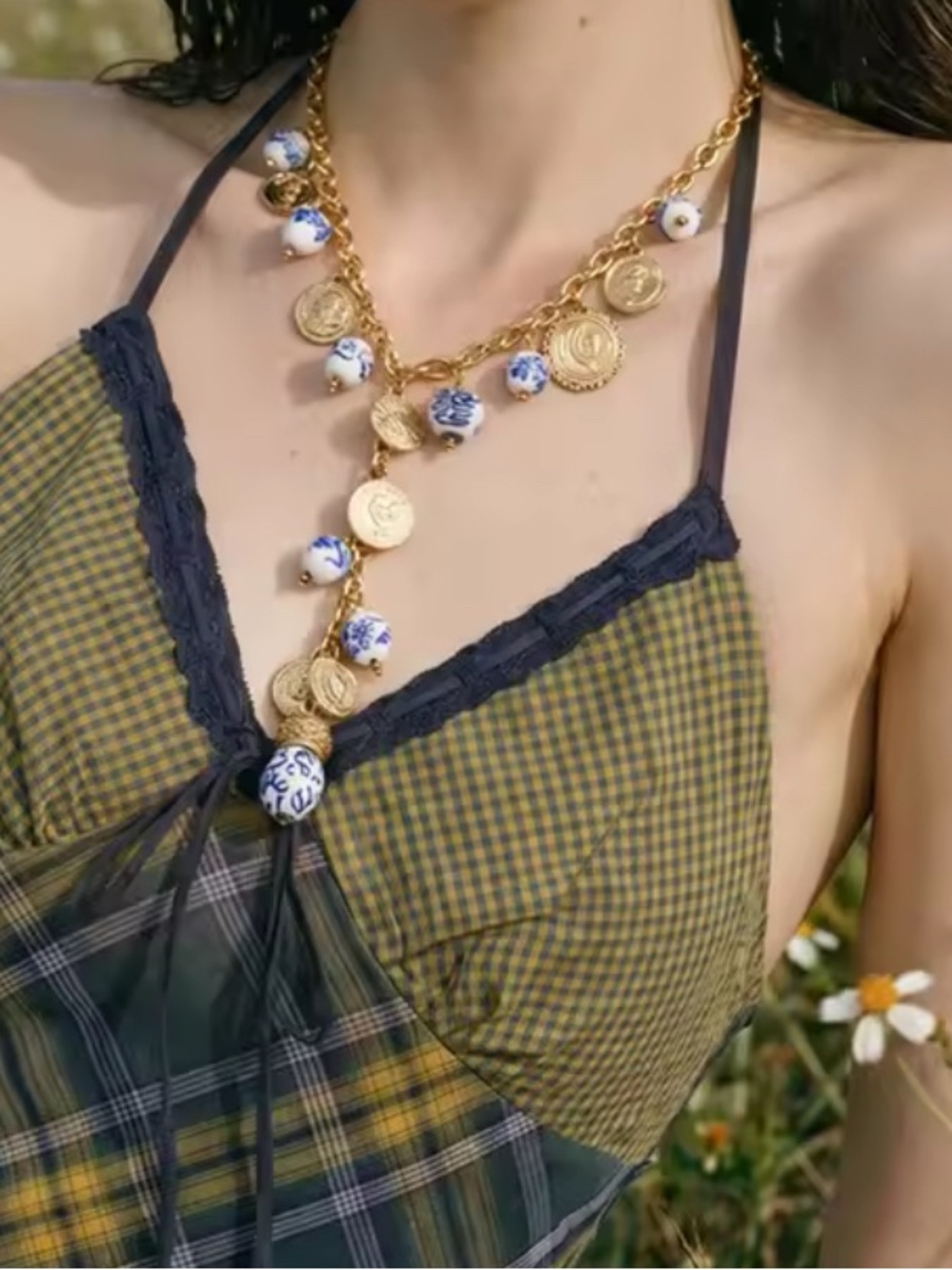 Gold Chain Necklace with Blue & White Porcelain Beads and Coin Charms